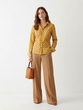 Max Mara Weekend Yellow Ruffled Bird Print Button Down Shirt Top